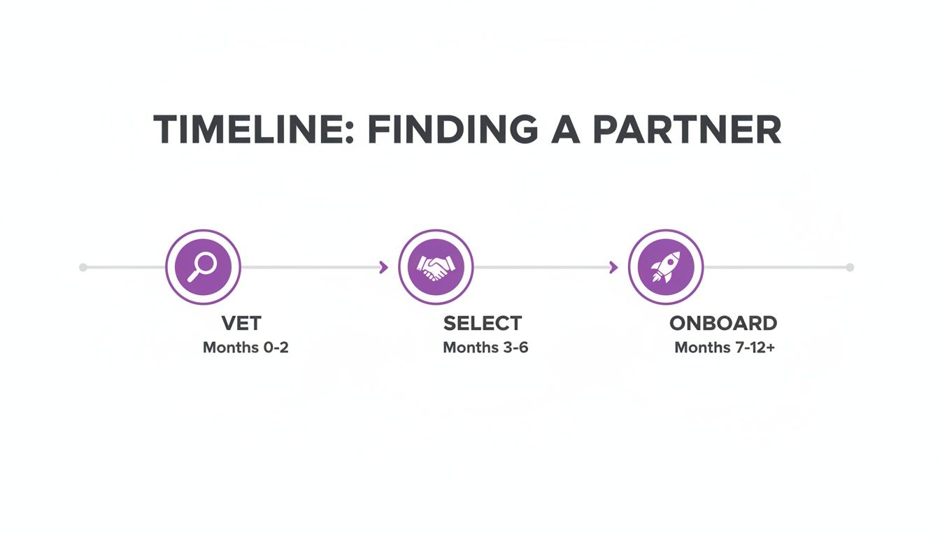 A timeline graphic showing three stages to finding a partner: Vet (Months 0-2), Select (Months 3-6), and Onboard (Months 7-12+).