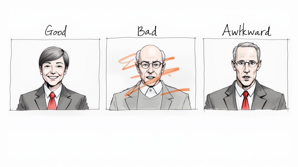 A split-screen image showing a smiling, professional candidate on one side and a stressed, poorly lit candidate on the other, representing the dual nature of the video interview experience.