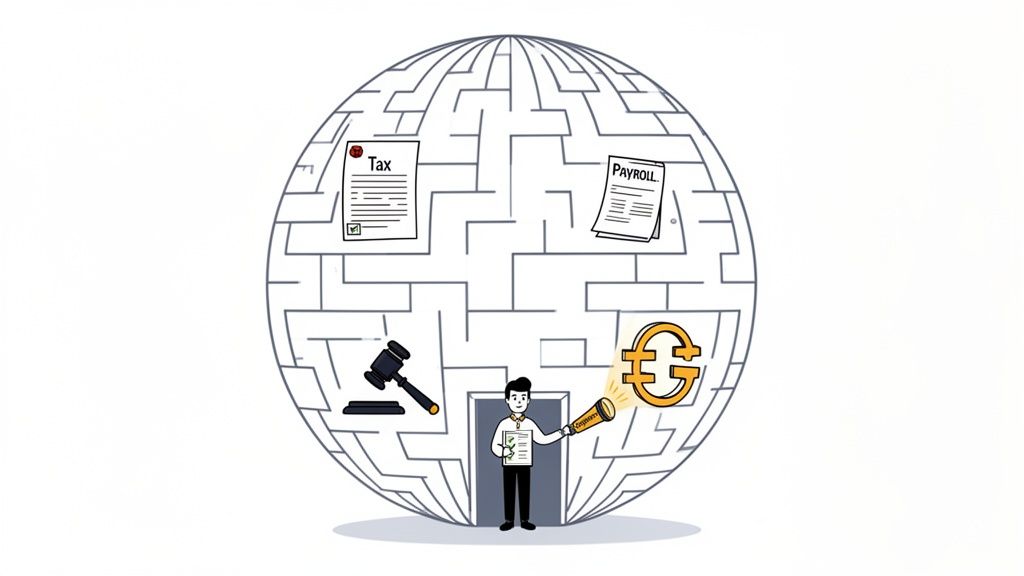 Illustration of a person navigating a global maze, highlighting tax, payroll, and legal complexities with a flashlight.