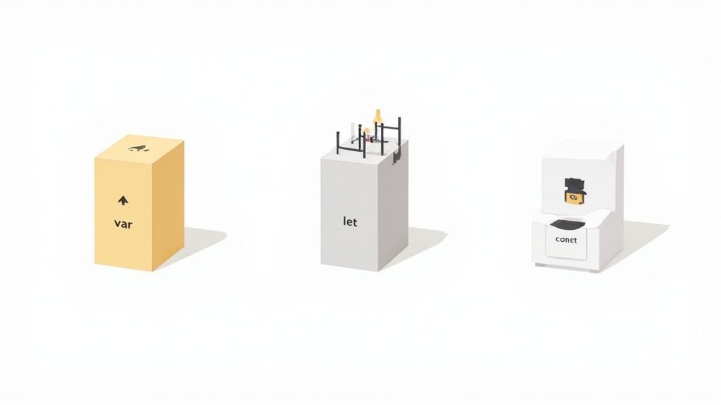 Three stylized boxes representing JavaScript variable declarations: var, let, and const.