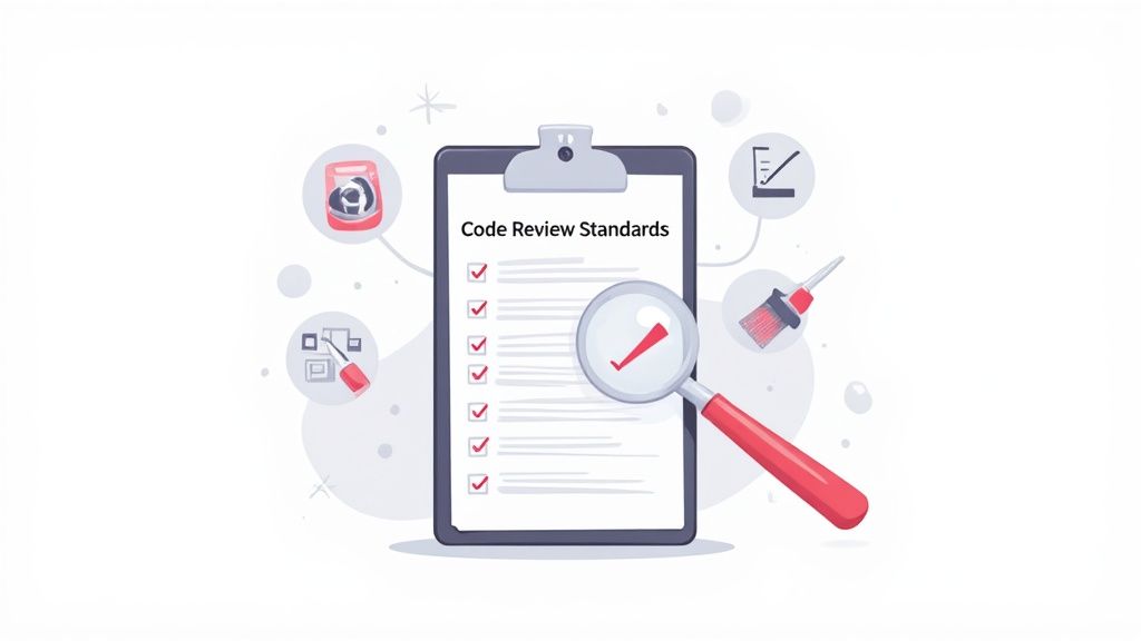 A clipboard with 'Code Review Standards' and a checklist, magnified by a red checkmark, surrounded by related icons.