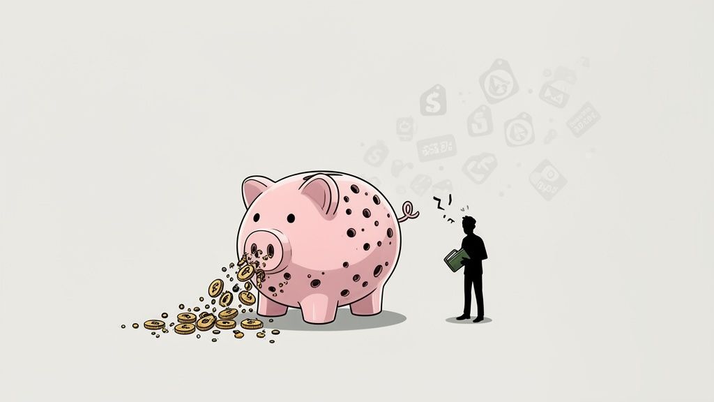 An illustration shows a piggy bank leaking coins while a person considers digital expenses.