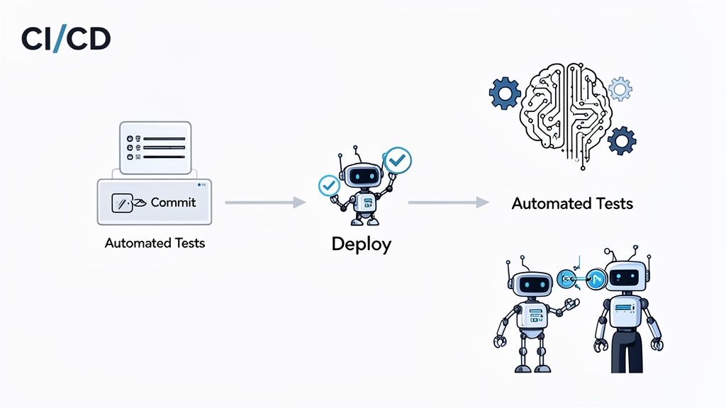 CI/CD pipeline diagram showing automated commit, deploy, and testing processes with robots.