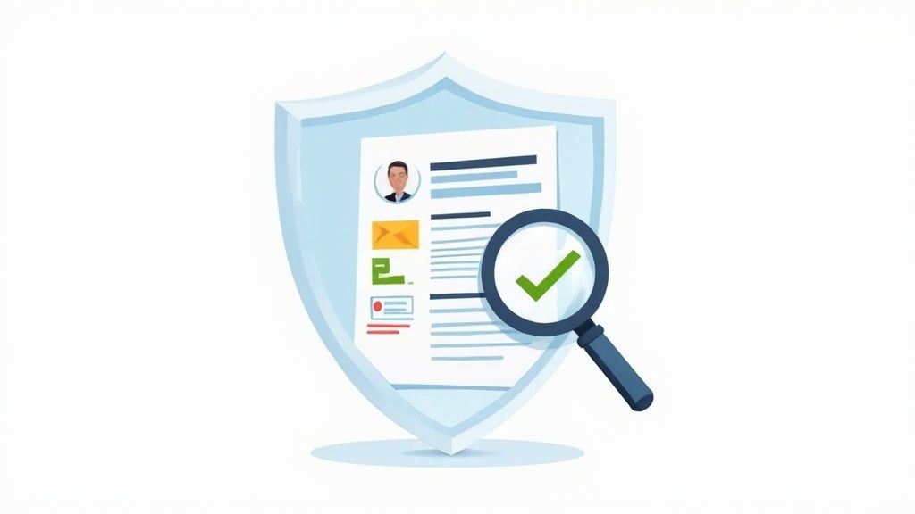 Shield with document, magnifying glass, and green checkmark representing secure pre-employment screening verification process
