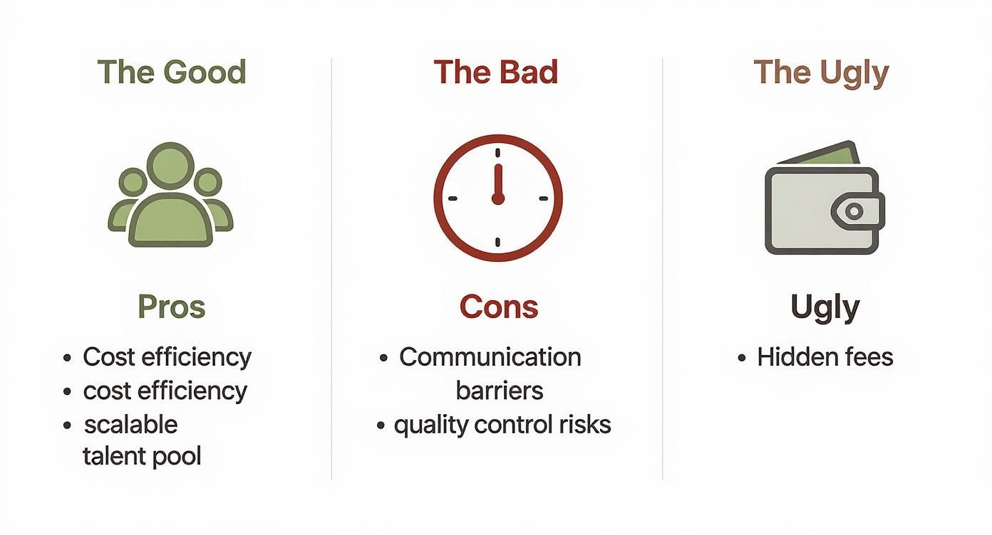 Infographic comparing good, bad, and ugly aspects of a business process, listing pros, cons, and hidden fees.