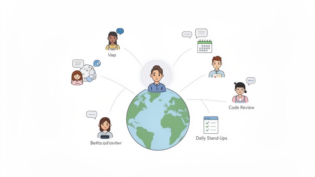 An illustration of a global team collaborating on various projects like code reviews and daily stand-ups.