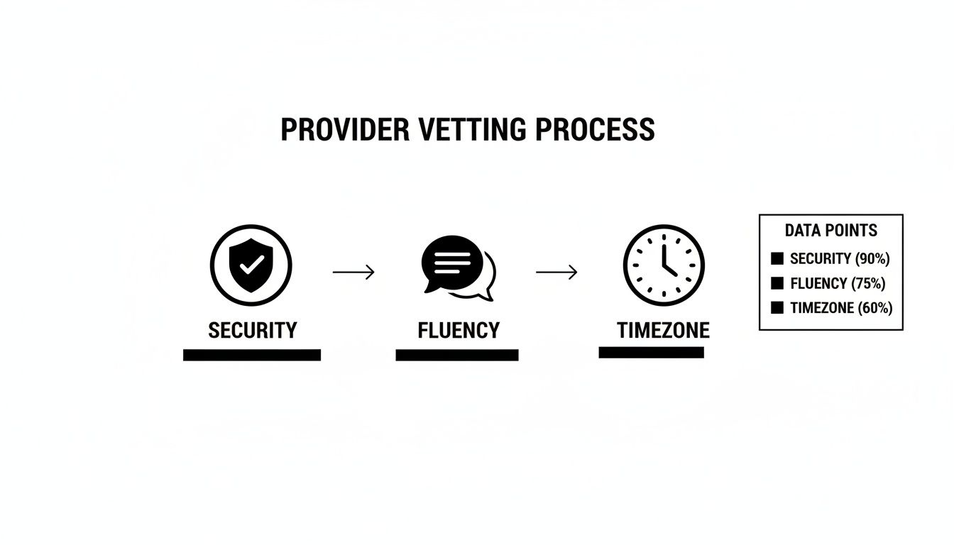 Infographic showing a provider vetting process with steps for security, fluency, and timezone, including performance data.