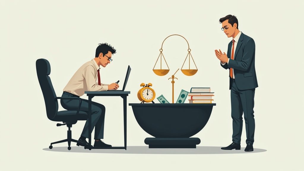 Illustration of a legal professional working, with scales of justice representing time, money, and law.