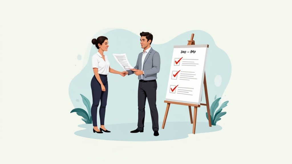 Two professionals exchanging documents next to a whiteboard with a completed checklist.