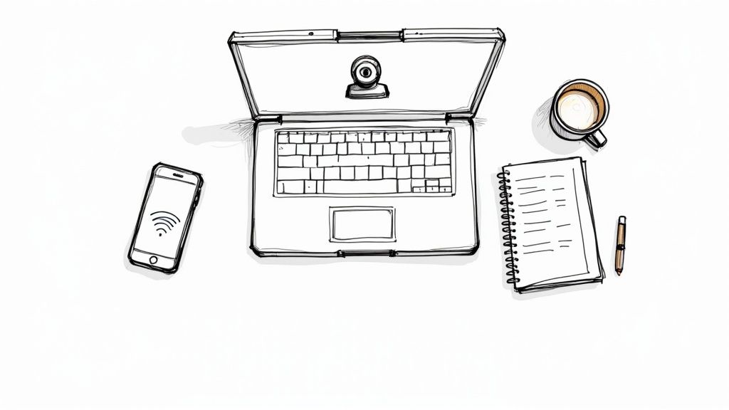 A person sitting at a desk with headphones on, attentively participating in a video call.