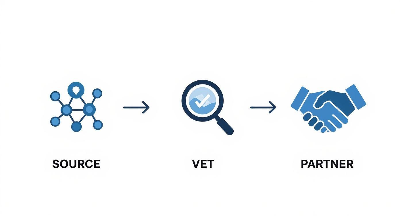 Diagram illustrating a three-step process: sourcing, vetting with a magnifying glass, and partnering.