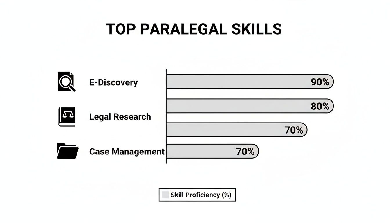 Bar chart illustrating top paralegal skills: E-Discovery (90%), Legal Research (80%), and Case Management (70%).
