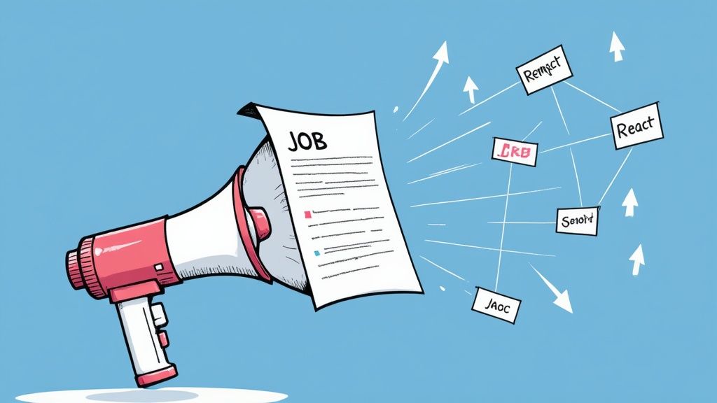 Megaphone broadcasting job posting with programming languages React, Remix, and Svelte icons