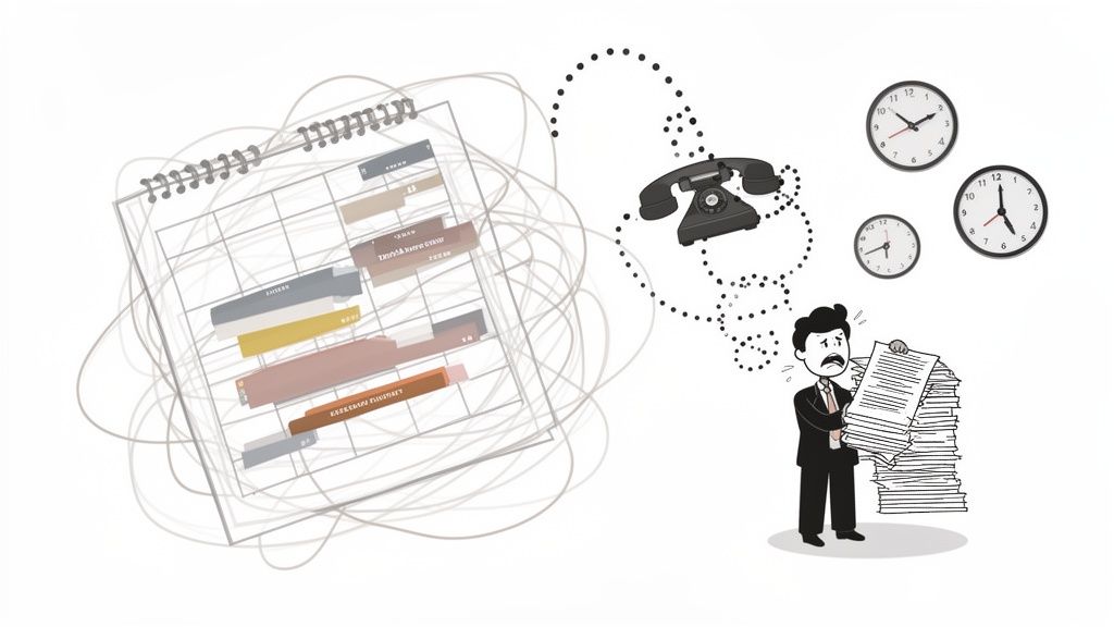 A stressed businessman overwhelmed by paperwork, phone calls, a busy schedule, and ticking clocks.