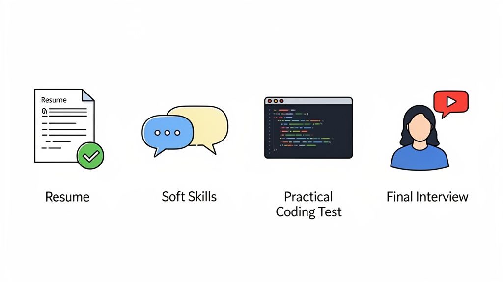 Four icons illustrating steps in a job application process: resume, soft skills, coding test, and final interview.