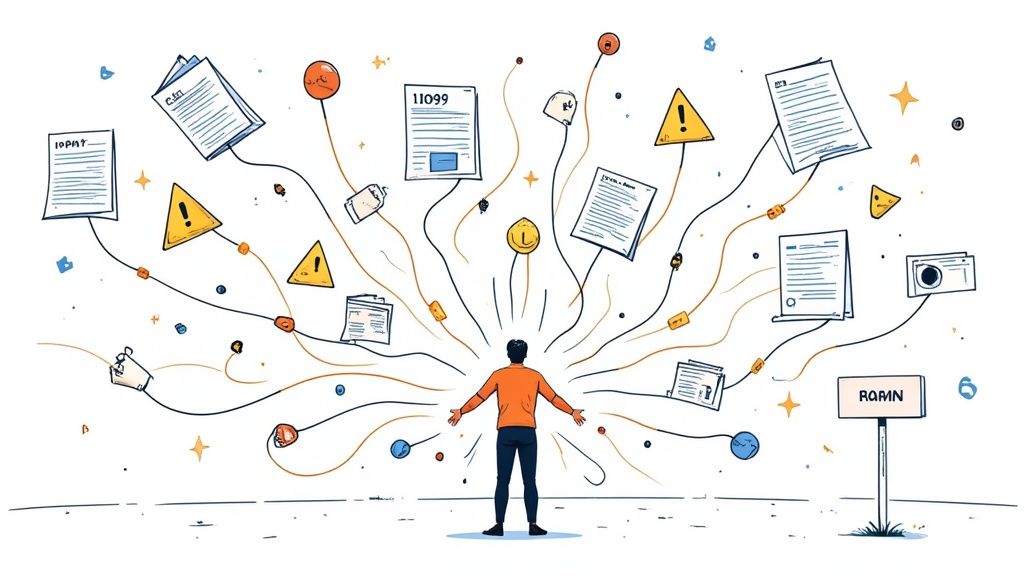 A person looking overwhelmed at a desk cluttered with papers and a laptop, representing the chaos of DIY hiring.