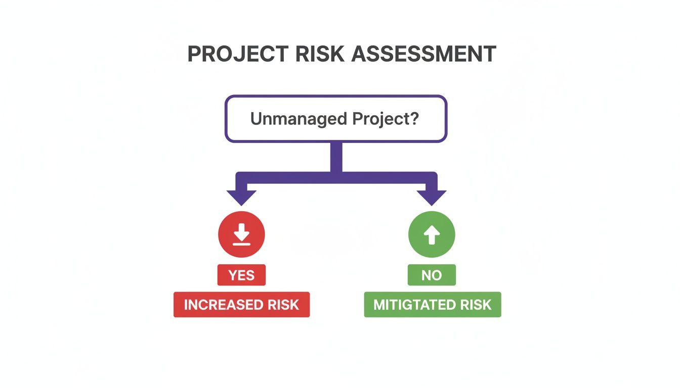 Flowchart illustrating project risk assessment, showing unmanaged projects lead to increased risk and managed projects mitigate risk.