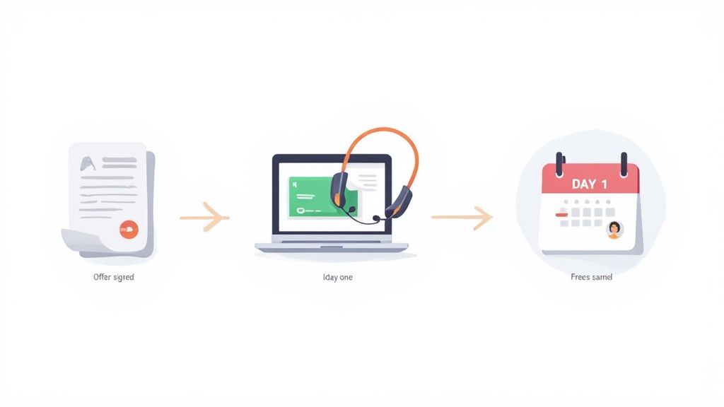 A person unboxing a new laptop at their home desk.