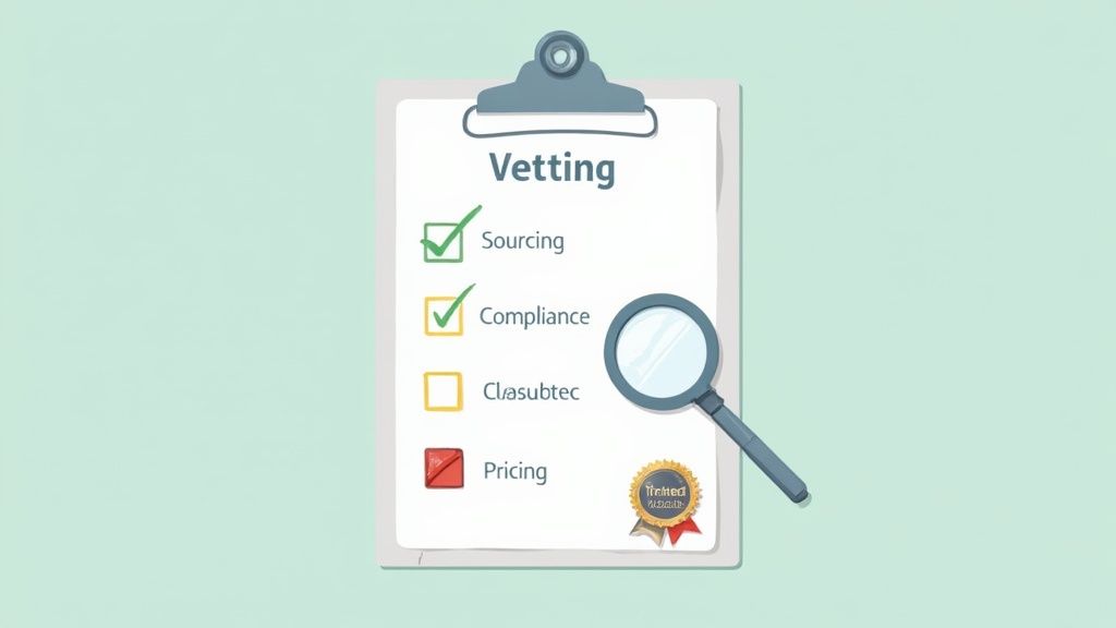 A clipboard checklist titled 'Vetting' with sourcing and compliance checked, pricing crossed out, and a magnifying glass.