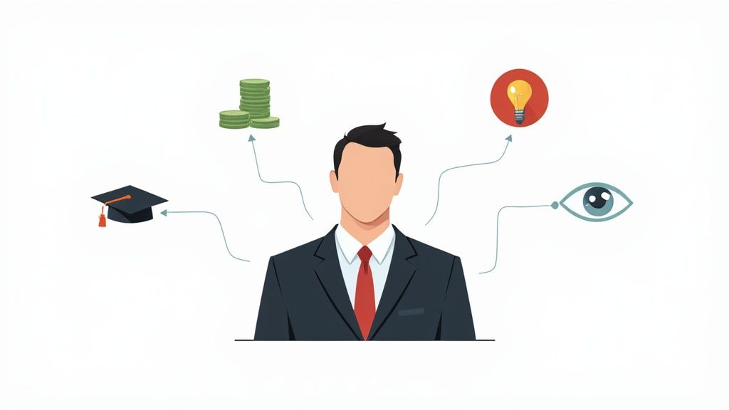 An illustration of a man in a suit with symbols for education, money, ideas, and vision.