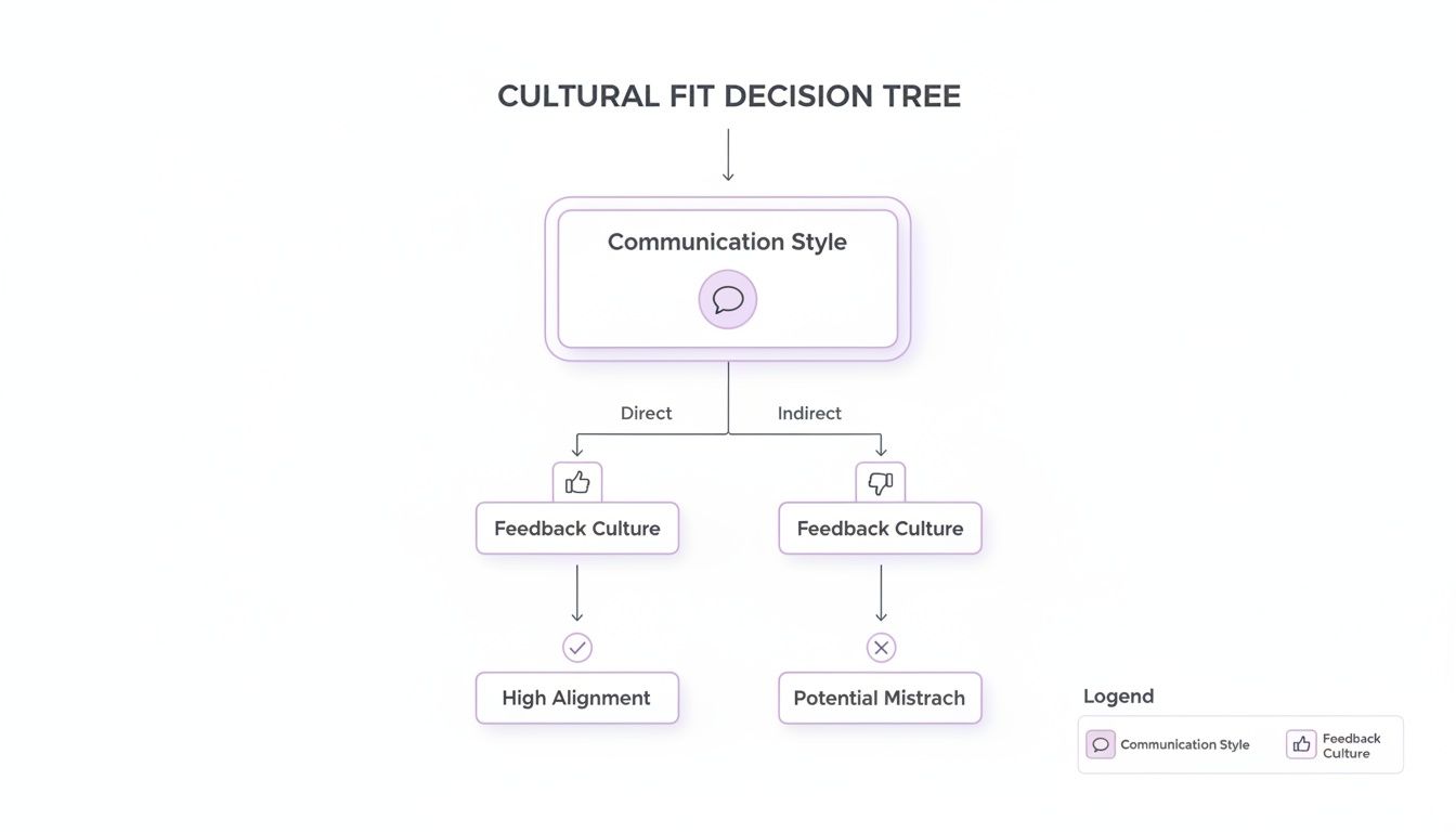 A flowchart titled 'Cultural Fit Decision Tree' illustrating communication styles and feedback culture.