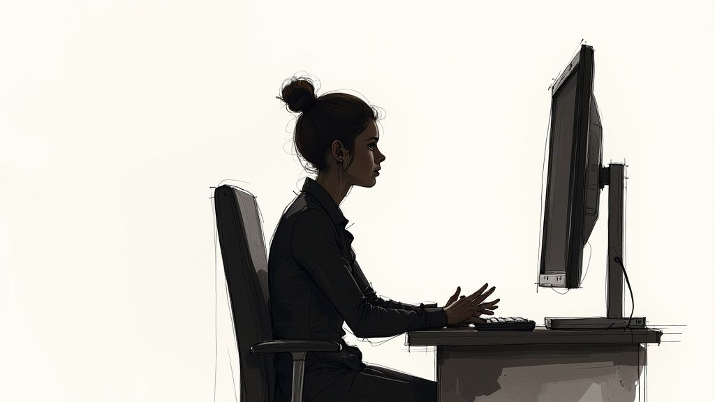 A person sits at a desk, looking at a laptop and taking notes in a notebook, preparing for a video interview.