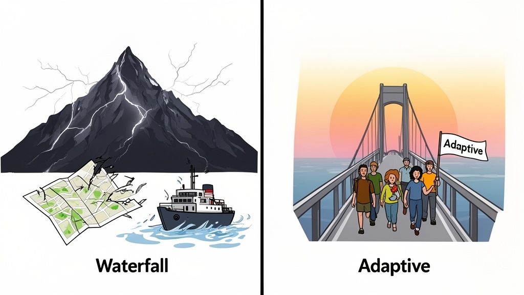 A visual comparison of Waterfall project management (stormy mountain, broken map) and Adaptive (people on a bridge).
