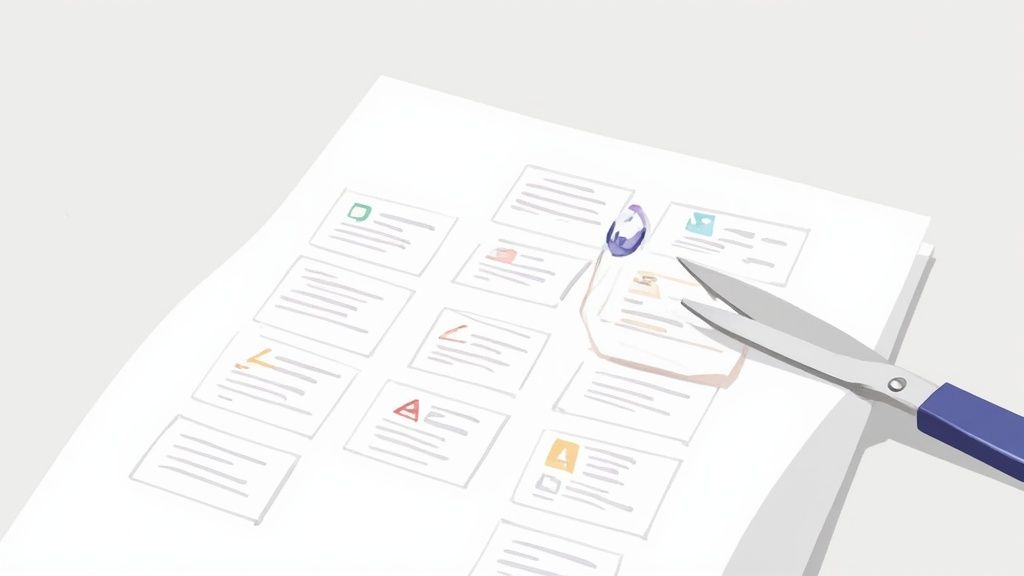 Person uses scissors to cut out a purple icon design component from a paper grid.