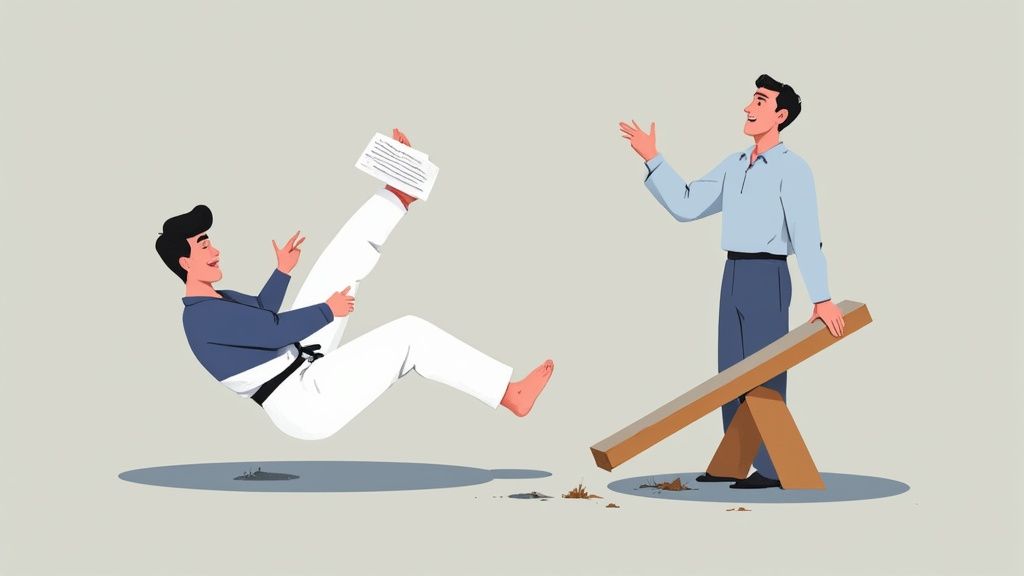 An illustration of a man being launched from a seesaw, holding papers, as another man stands by.