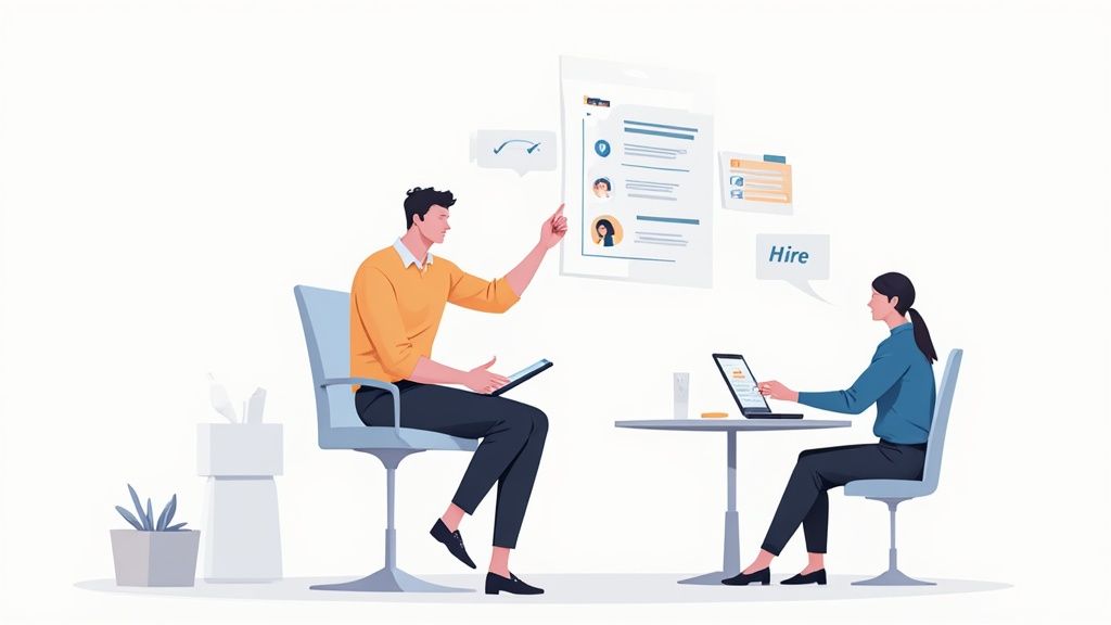 Two people discuss job applications, digital profiles, and a 'Hire' speech bubble.