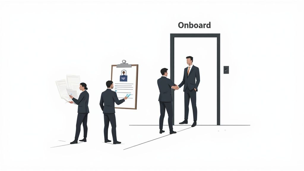 An illustration showing business people engaged in an onboarding process, with paperwork, a clipboard, and a handshake.