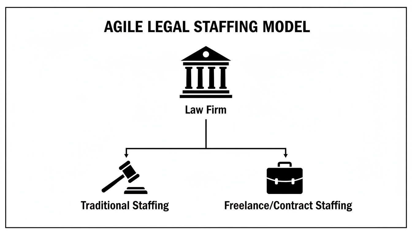 Diagram showing an Agile Legal Staffing Model, branching from a Law Firm to Traditional and Freelance/Contract Staffing.