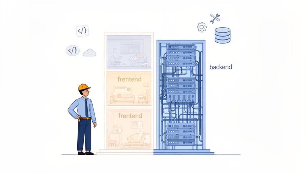 Illustration of a full stack developer observing frontend user interfaces and backend server infrastructure.