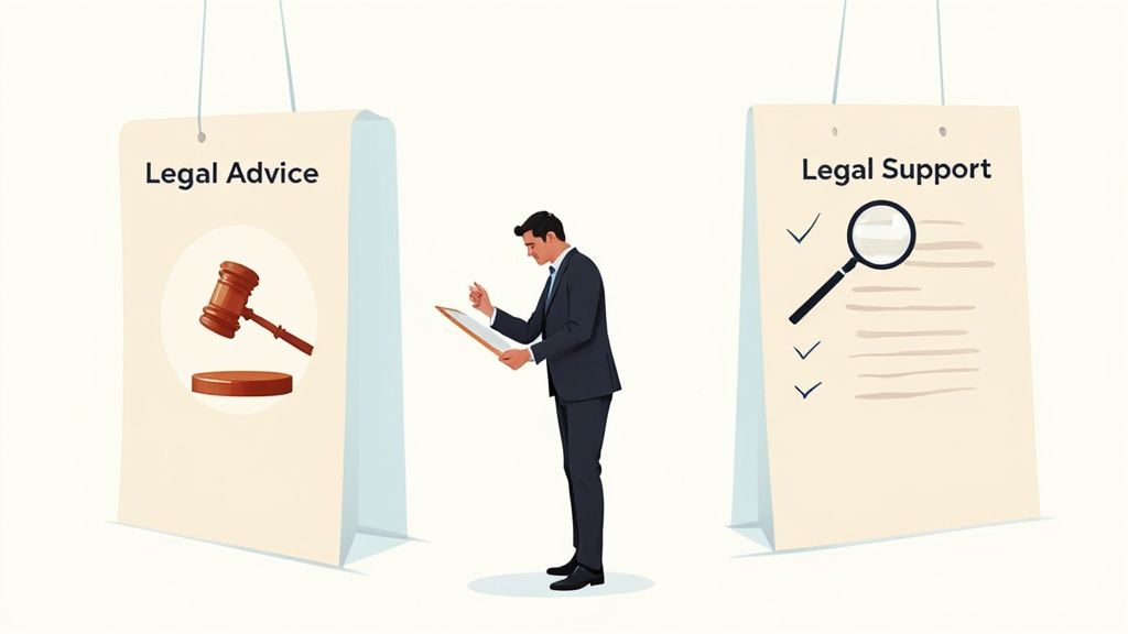 Professional businessman reviewing documents between legal advice and legal support information boards