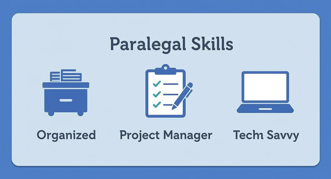 Infographic summarizing key paralegal skills organized, project manager, tech savvy