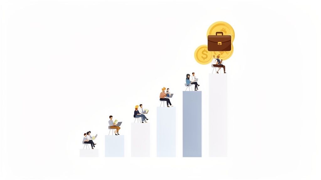 People working on laptops on a rising bar chart, symbolizing career progression and success.