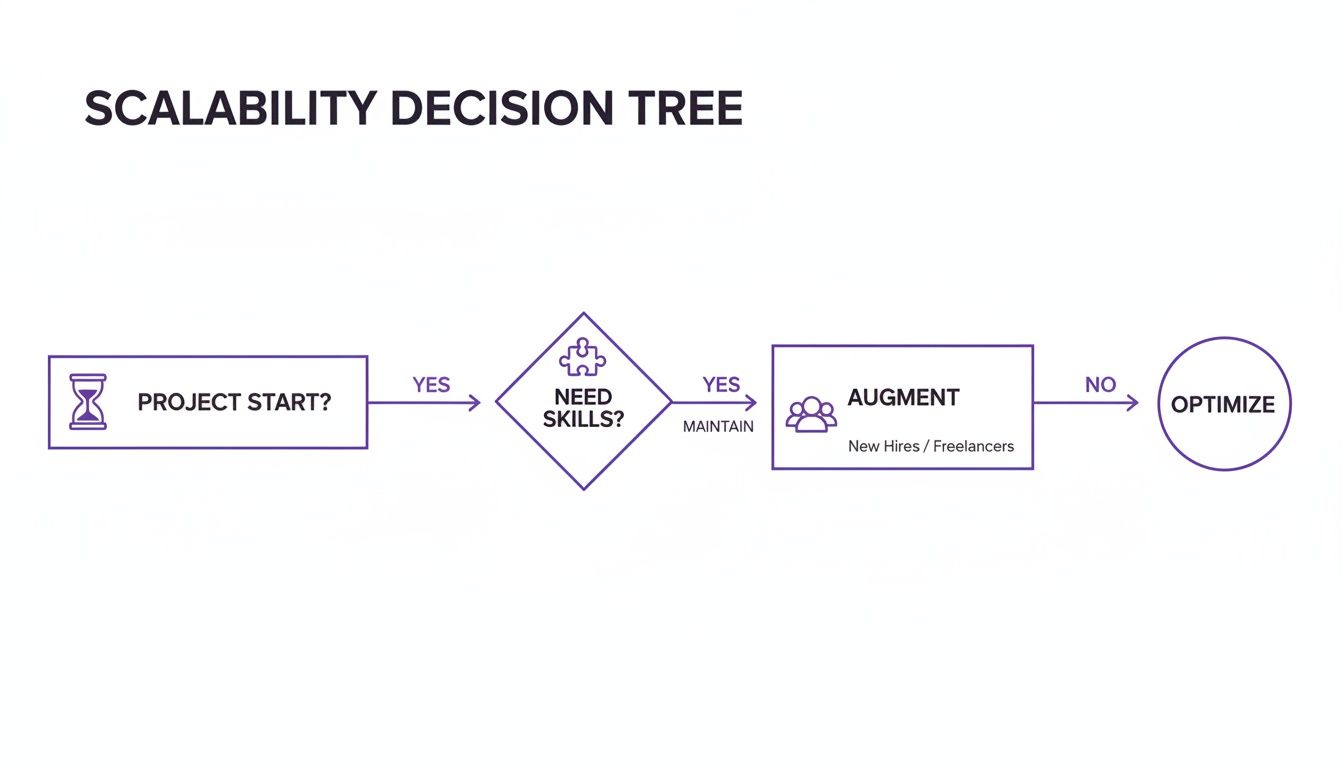A scalability decision tree flowchart showing steps from project start to needing skills, staff augmentation, and optimization.
