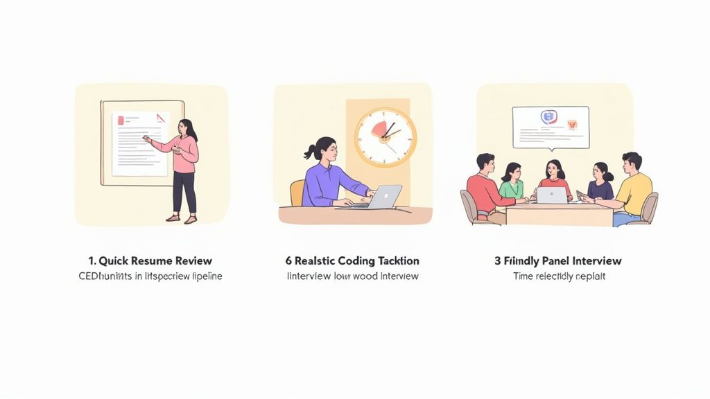 Three illustrations show a hiring process with resume review, a coding test, and a panel interview.