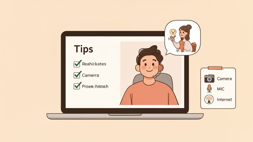 An illustration showing tips for a video interview, including camera, microphone, and internet checks.