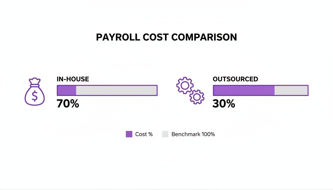 Payroll cost comparison illustrating that in-house payroll is 70% and outsourced payroll is 30%.