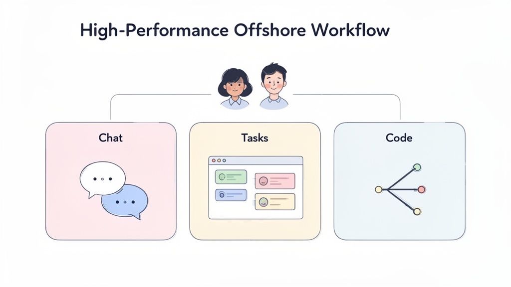 Diagram illustrating a high-performance offshore workflow, connecting team members with chat, tasks, and code.