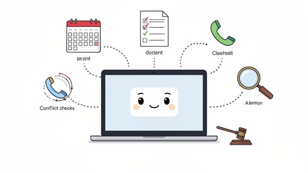 Friendly laptop virtual assistant managing legal tasks: scheduling, documents, calls, research, and conflict checks for law firms.