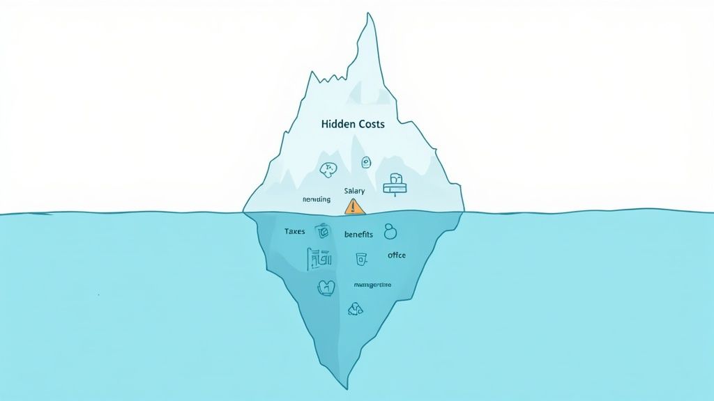 Iceberg illustration showing hidden costs above water and visible costs like salary, taxes, benefits below.