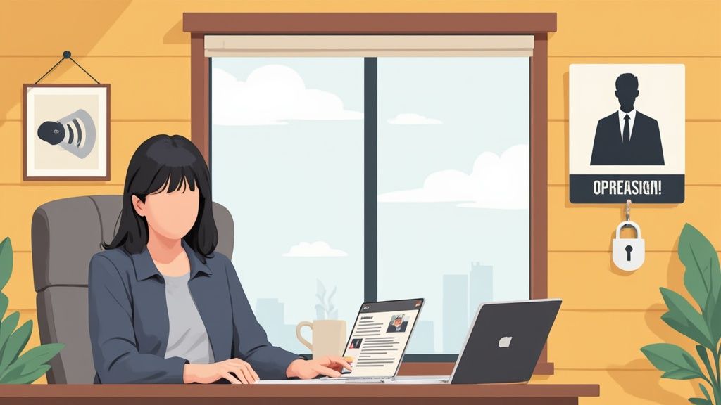 A woman reviews resumes on a laptop in an office, with a 'OPREASION!' sign and padlock on the wall.