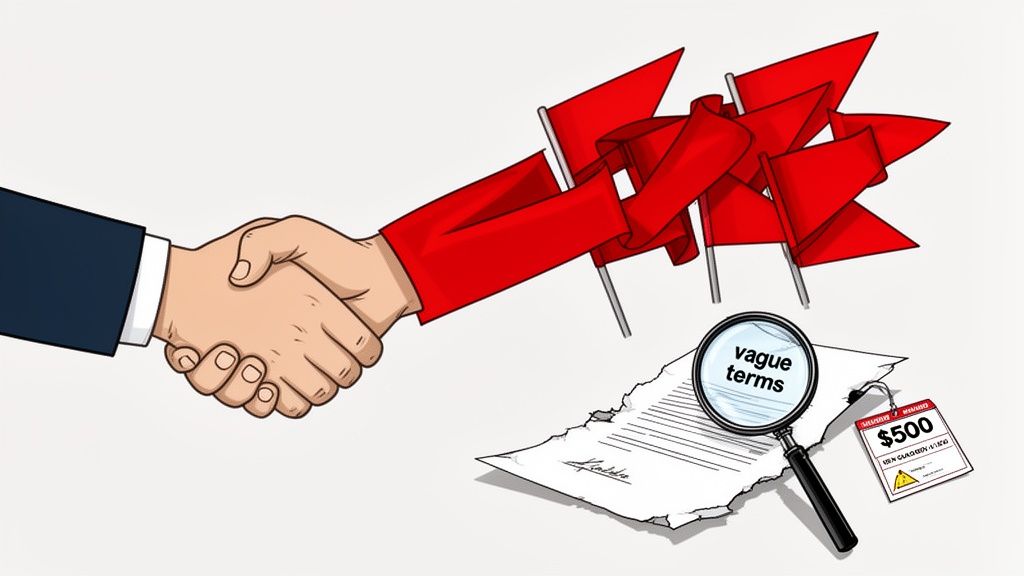 Handshake with red flags, highlighting vague contract terms and a high price tag.