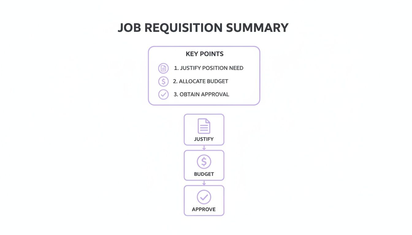 A job requisition summary outlines key steps: justify need, allocate budget, and obtain approval.