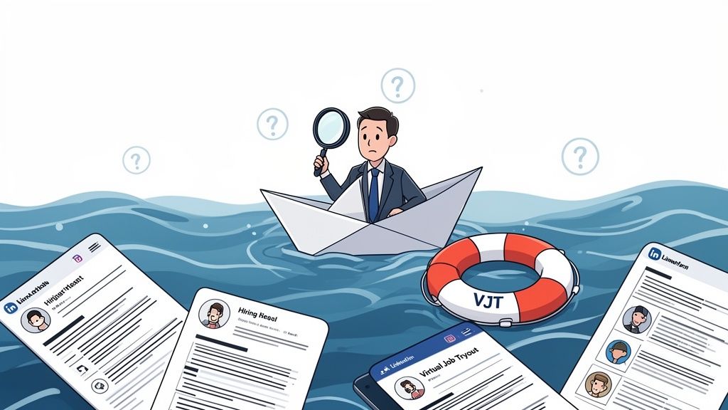 A man in a paper boat struggles to find talent, surrounded by resumes and a 'VJT' lifebuoy.