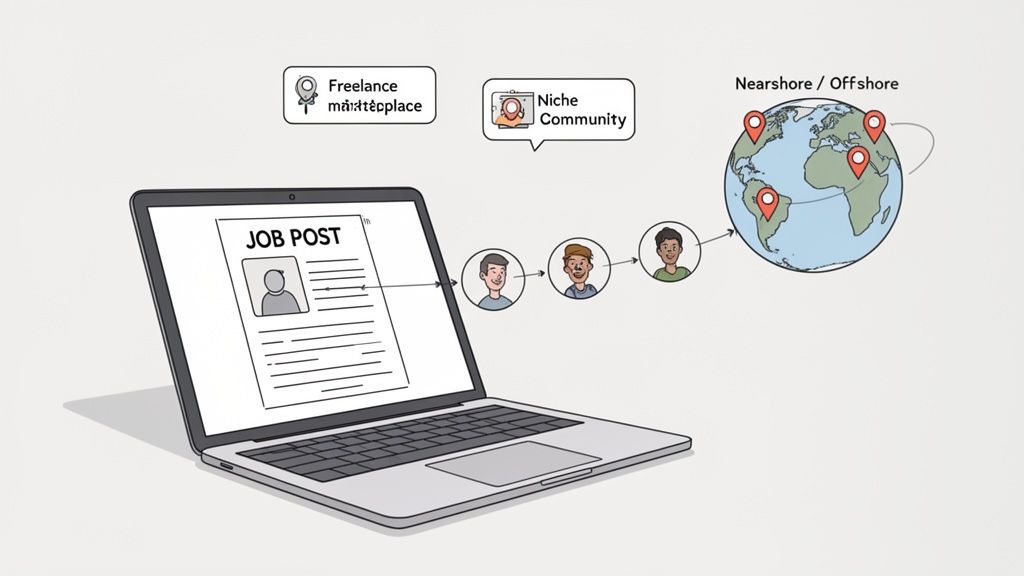 Job posting on a laptop, connecting to candidates, freelance marketplace, niche communities, and nearshore/offshore hiring locations.