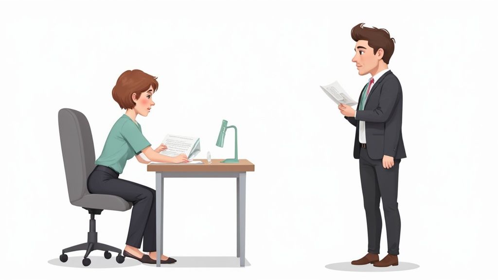 A professional yet relaxed interview taking place in a modern office setting.