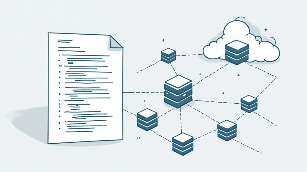 A document with code connecting to a distributed network of server stacks and a cloud database.